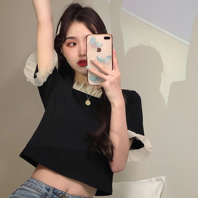 

Облегающие укороченные футболки с французским квадратным воротником, женские модные черные футболки, элегантная хипстерская уличная футб...