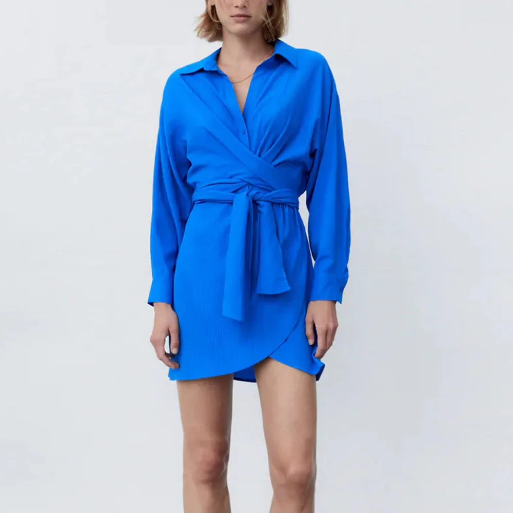 

BM UR HM ZA Women's 2021 Summer New Fashion Solid Color Lapel V-neck Long Sleeve Side Zipper With Belt Slim Mini Dress Women