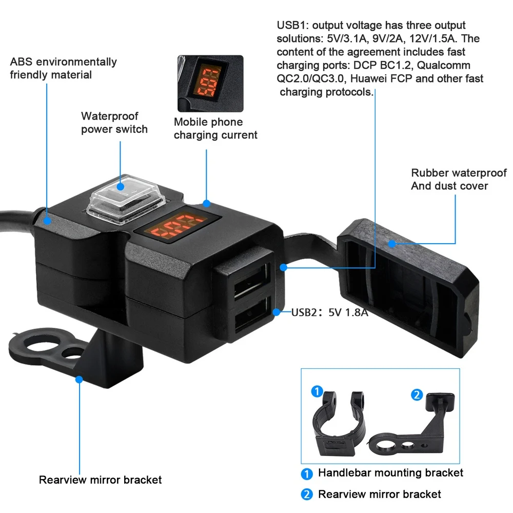 

Dual USB Port Waterproof Motorcycle Charger QC3.0 Fast Charge Mobile Phone charger 9V-32V Voltmeter Dual Bracket Adapter