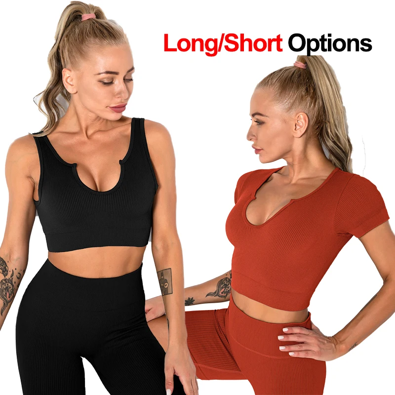 

Women Workout Outfits Active Running Shorts Ribbed Seamless Crop Tank Sports Bra Gym High Waist Yoga Leggings Sets