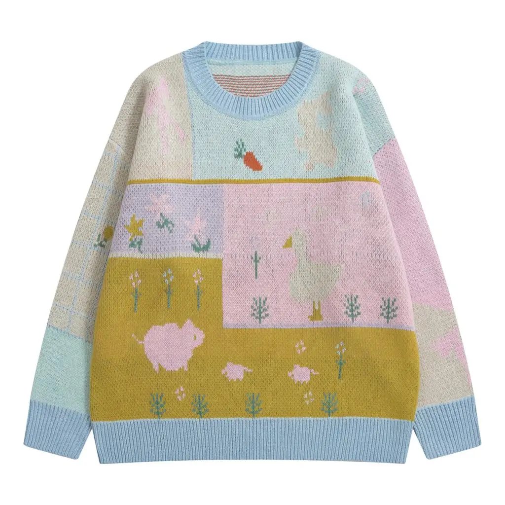 Женский винтажный пуловер шерстяной свитер с круглым вырезом и цветными