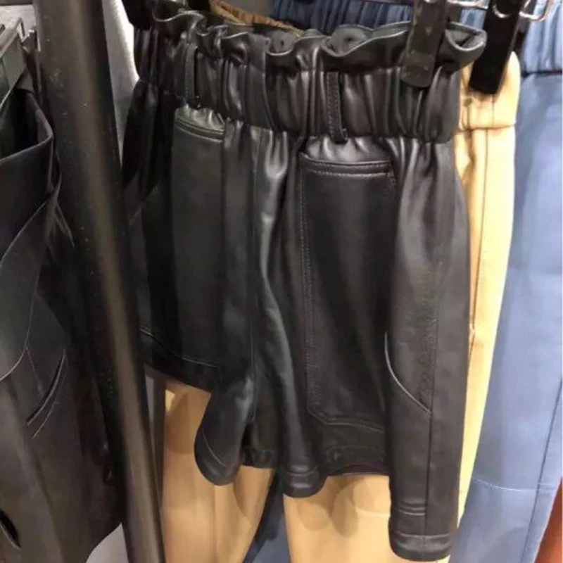 2021 Fashion Clothing NEW Genuine Leather Shorts Women Elastic Waist Booty Mini Sexy Short Feminino Black Pocket Calzones Mujer