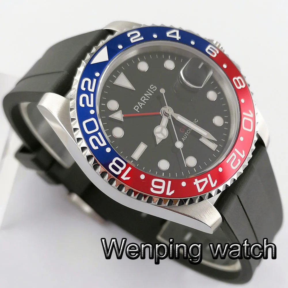 Мужские роскошные брендовые часы Parnis 40 мм GMT красная и синяя рамка сапфировая