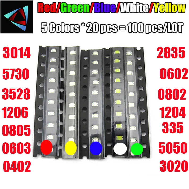 100 шт. = 5 цветов x 20 ассортимент светодиодов SMD 0402 2835 1210 1206 0805 0603 комплект