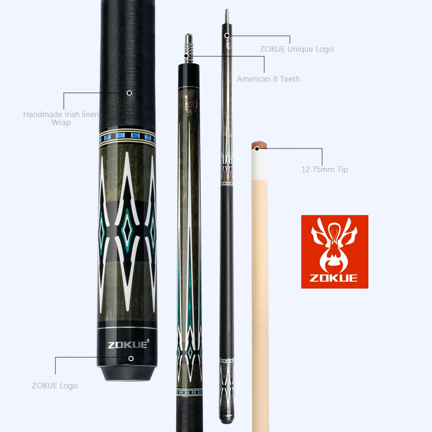 ZOKUE Billiard Cue 3/8*8 Radial Pin Pool Stick Featured Canadian Hard Maple 160cm 12.75mm With bolt For Tall Man | Спорт и