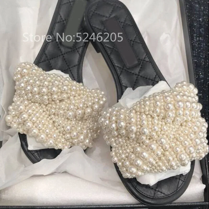 Шлепанцы женские ручной работы с жемчугом мягкие кожаные тапки без застежки