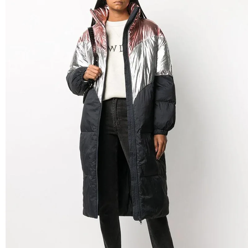 

Парки 2021, Женское зимнее хлопковое пальто средней длины контрастных цветов с высоким воротником и прострочкой, Женское пальто с хлебом, Сво...