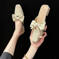 korean style women sandals cover toe half slippers slip on mules femme shoes casual pumps bowtie shoes med heeled fashion slides