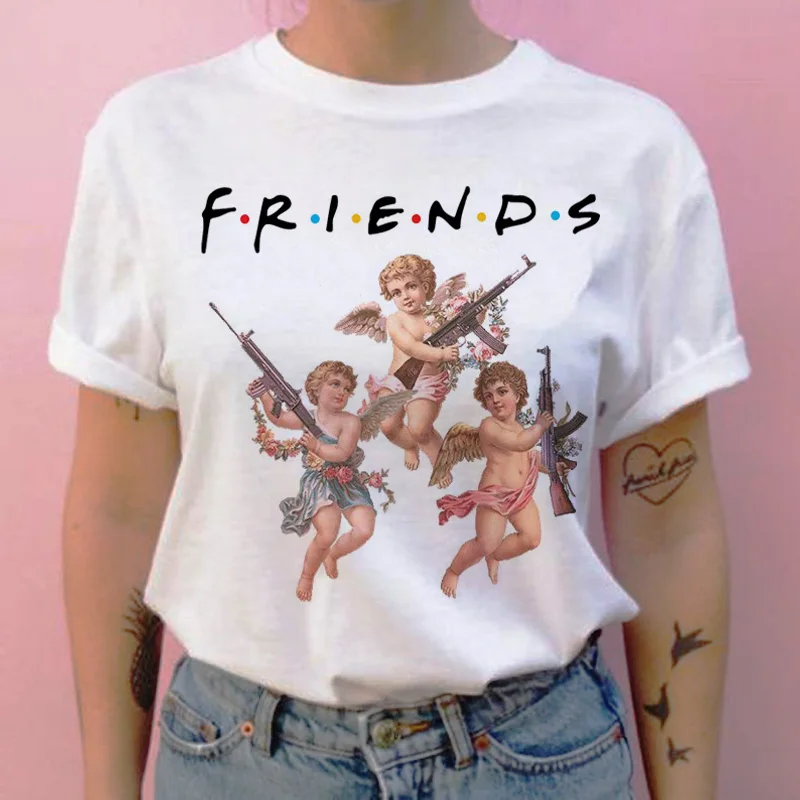 Футболка с ангелом harajuku, с рисунком героев мультфильмов, 90 s, повседневная женская футболка с круглым вырезом, Винтажная футболка, топы, футболки, кавайные эстетические