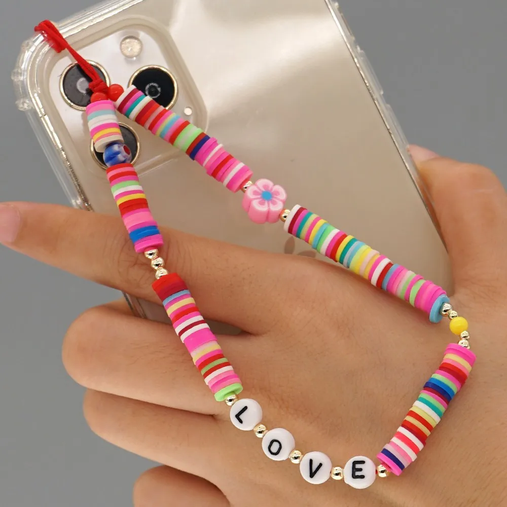 New Boho Mobile Phone Strap Lanyard Chain Love Smile Pearl Soft Pottery Beads Rope for Cell Phone Case Hanging Cord for Women