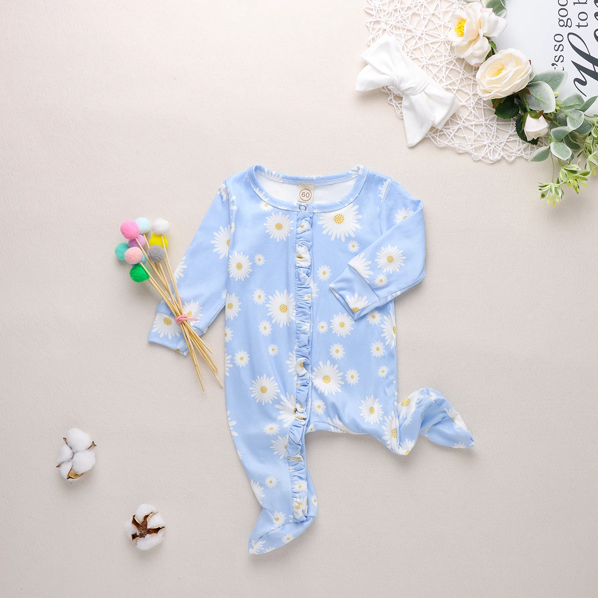 

2PCS Newborn Girls Daisy Print Footwear Romper Long Sleeve O Neck Ruffle Infant Toddler Autumn Cotton Rompers Jumpsuits 0-12M
