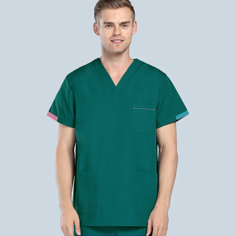 green top Мужская Спецодежда, цветной дизайн, v-образный вырез, короткий рукав, топ из чистого хлопка, медицинская униформа, летняя рабочая одежда для доктора(только топ - Цвет: green top
