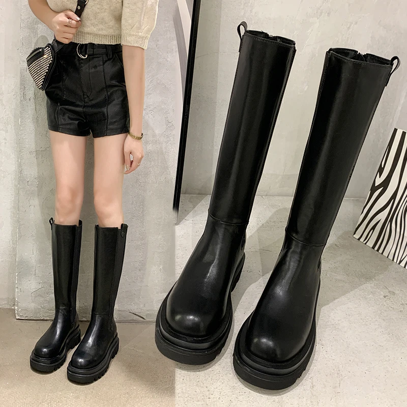 

Winter Knee High Boot Women Mid Calf Boots Natural Genuine Leather Platform Motorcycle Boots Zipper Ladies Long Botas Mujer 2020