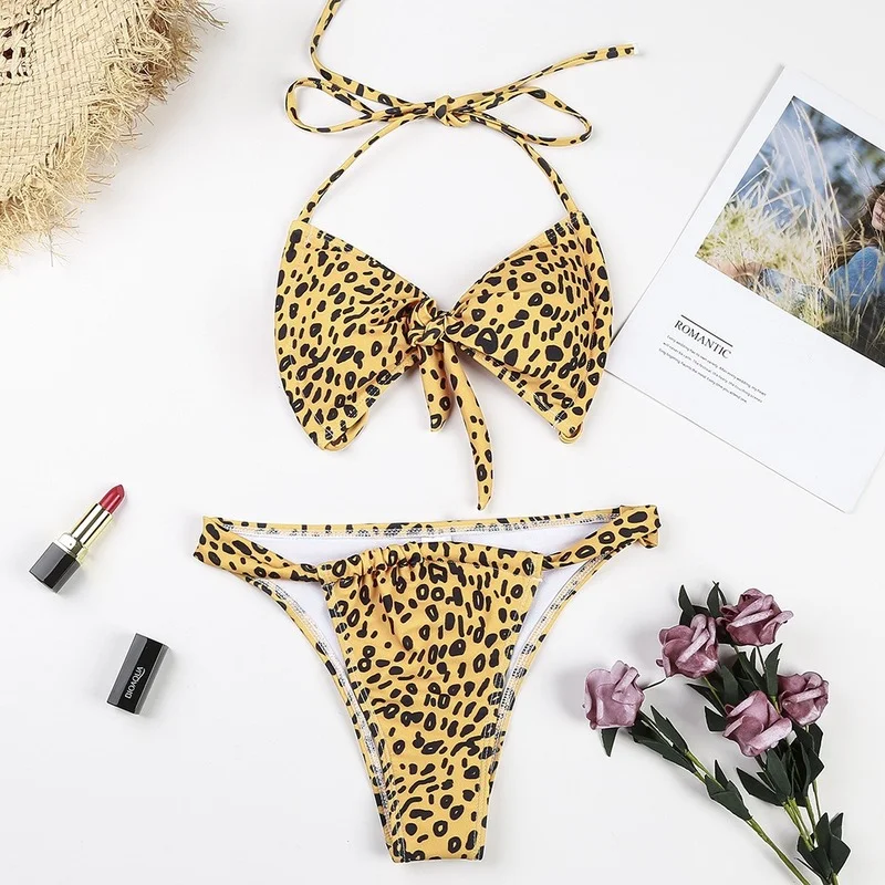 

Sexy One-piece Bikini Leopard Swimwear Women 2021 Bow Swimsuits Push Up Biquini Printed Bandage Bikinis Two Pieces Beach Wear