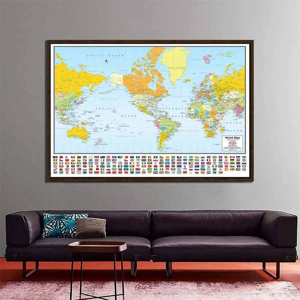 

The World Mercator Projection Map With National Flags 150x100cm Non-woven Foldable World Map For Travel And Education