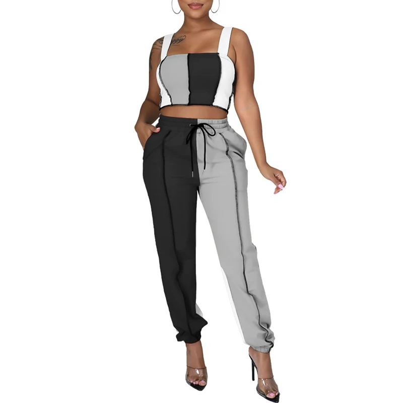 

Women Fashion Sleeveless Crop Top & High Waist Drawstring Pant Set Casual Slim Sportwear Two Piece Contrast Color Trousers Suits