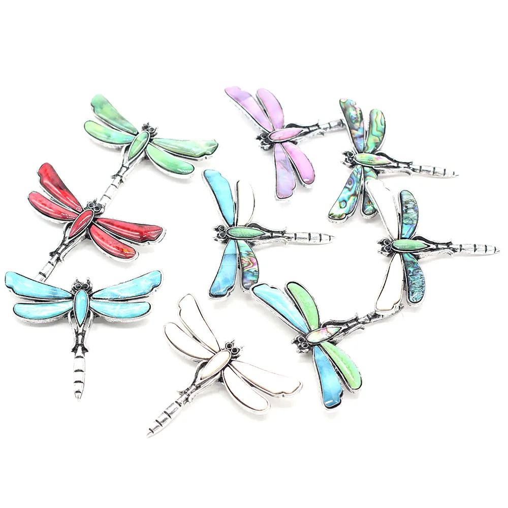 

Natural Shell Alloy Animal Pendant Brooch Dragonfly Shape Metal Dyed Abalone Shell Accented Charms for Jewelry Making Ornament
