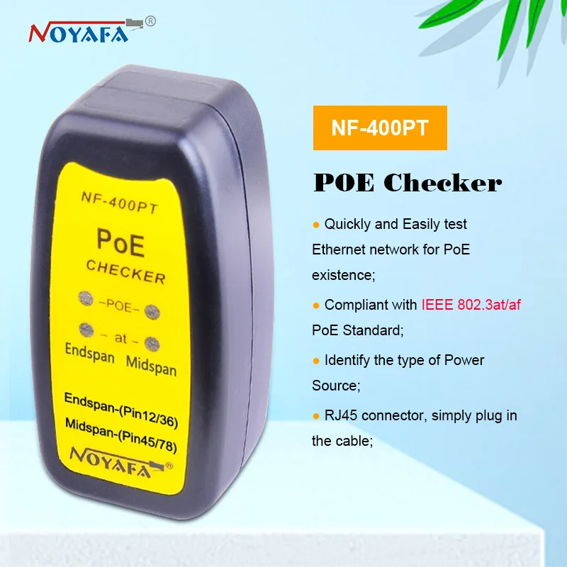 

NF-400PT тестер PoE (Power over Ethernet) 802.3af/802.at, подключенный к розетке RJ45, для определения наличия PoE