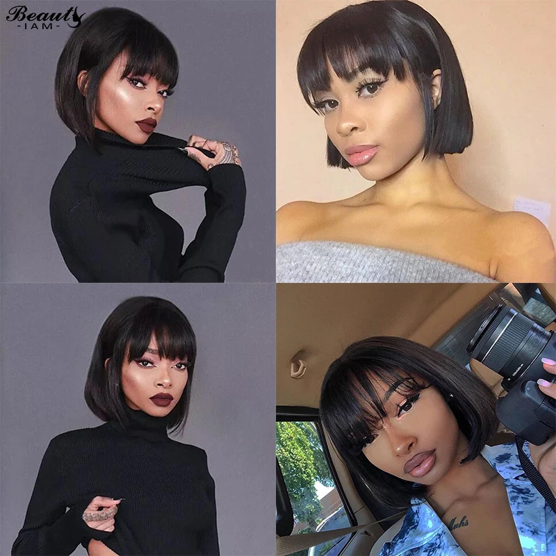 Черные прямые шёлковые 4x4 закрытия шнурка человеческих волос парики с челкой для