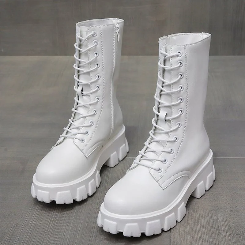 

Модные женские ботинки на шнуровке на массивном каблуке, женская обувь на платформе до середины икры, красивая женская обувь из искусственн...