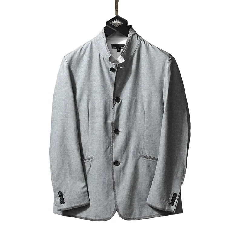 

Vintage Gray Suit Jacket Men Spring Autumn Thin Section Stand Collar Brand Casual Outerwear Fashion Slim Business Mens Jackets