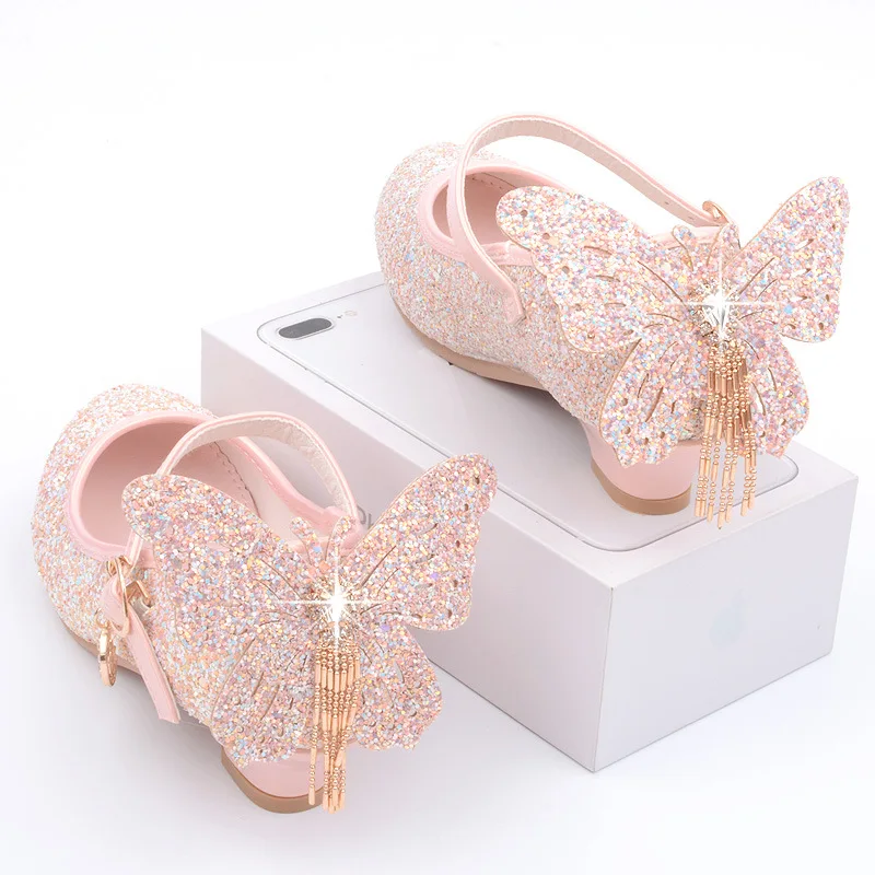 

Girls Dress Shoes Kids Leather Shoes for Medium Big Children Glitter Rhinestone Crystal Shoes High Heeled Shoes Butterfly 27-38