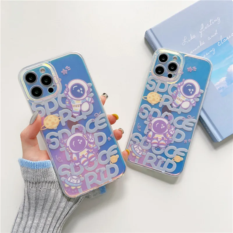 

Laser Cartoon Space astronaut Phone Case For iphone 11 12 Pro Max 7 8 Plus XR Soft IMD Smile frame Cover for iphone X XR XS MAX