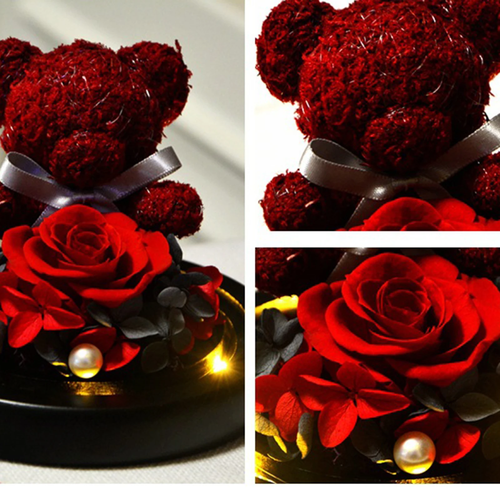 

Teddy Bear Rose Flowers In Glass Dome Teddy Bear Guard Eternal Preserved Rose Flower LED Light Valentines Day Anniversary Gift