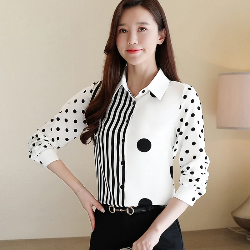 

OL Ladies Shirt 2020 Long Sleeve Polka Dot Striped Chiffon Shirt Blouse Tops Women Casual Patchwork Turn-down Collar Work Shirt