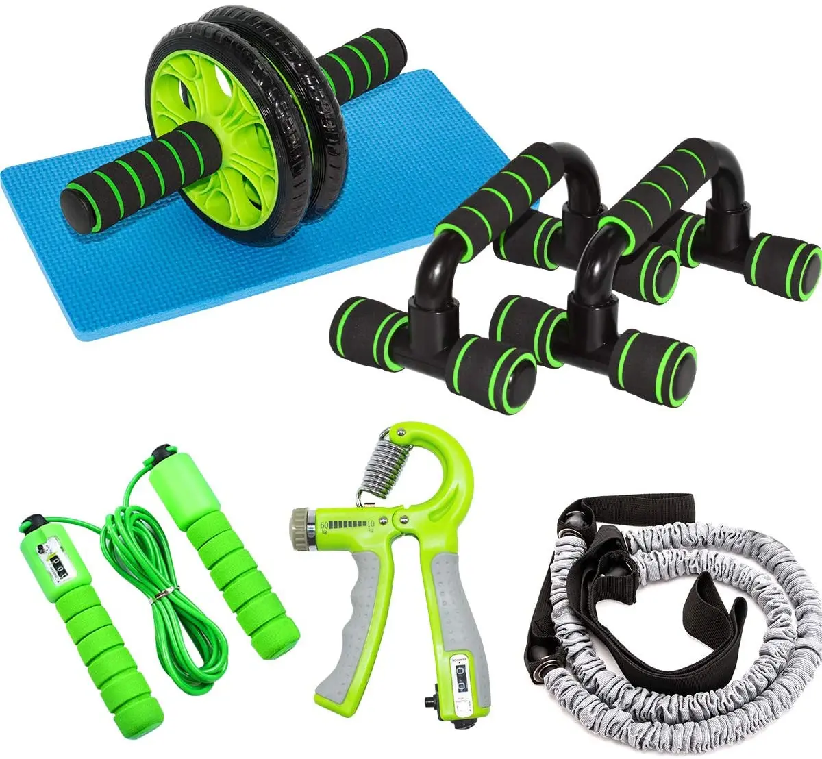 6 In 1 AB Wheel Roller Kit with Exercise Bands Speed Jump Rope Hand Grip Push UP Bar and Knee Pad Gym Equipment