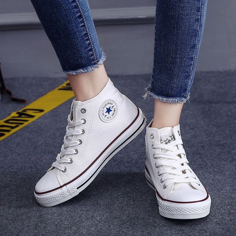 

High Top Women Fashion Canvas Casual White Shoes Student High-top Lace-Up Casual Breathable Flat Multiple Colour Shoes Women