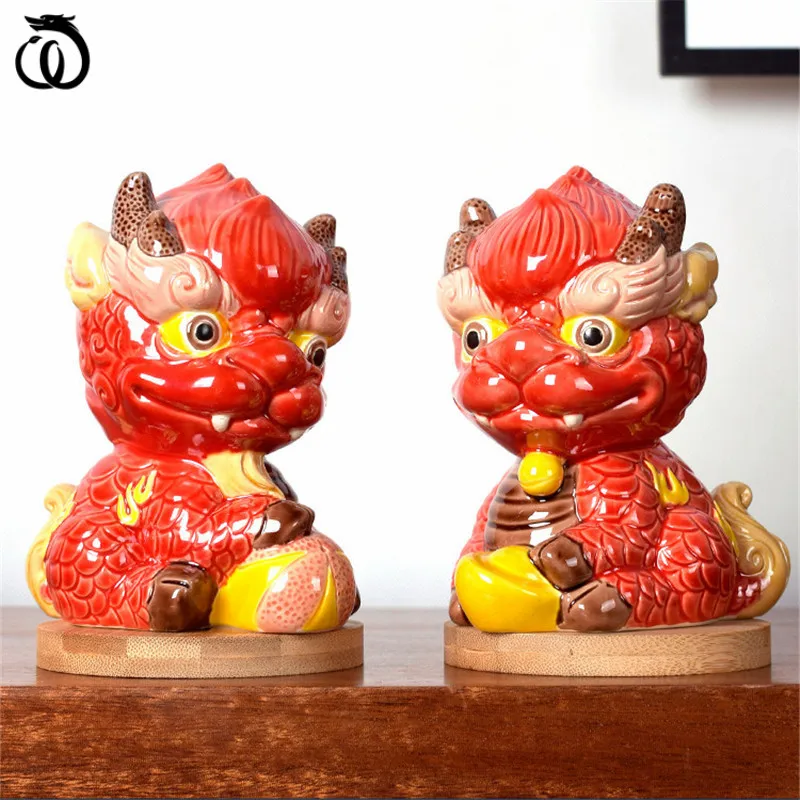 

WU CHEN LONG 2Pcs/Set Chinese Dragon Style Ceramic Color Kirin Art Sculpture Lucky Lion Statue Feng Shui Home Decorations R6553