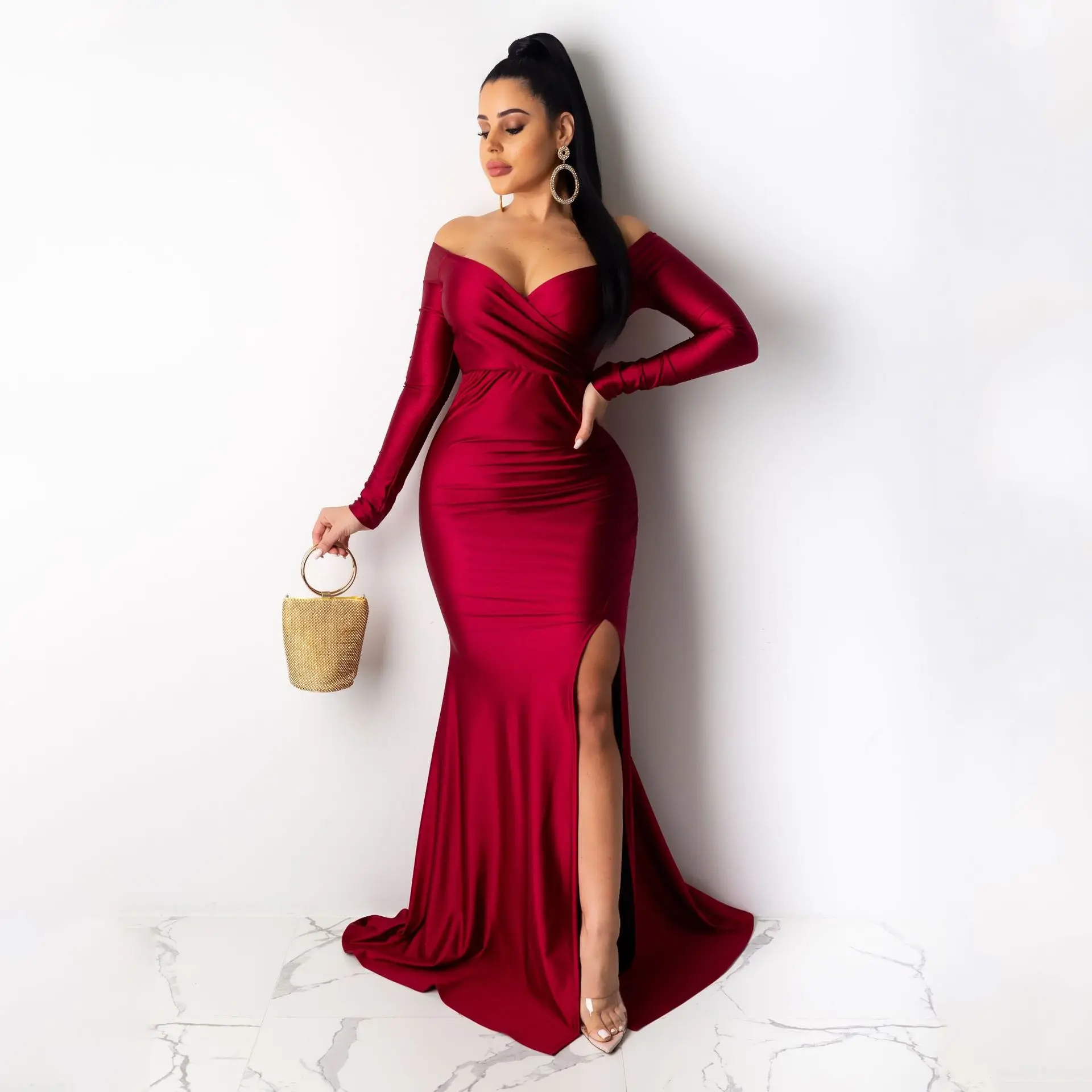 

Split Long Maxi Dress Women Sexy Off Shoulder Plunging V-neck High Side Backless Night Club Evening Party Dresses Elegant 2021