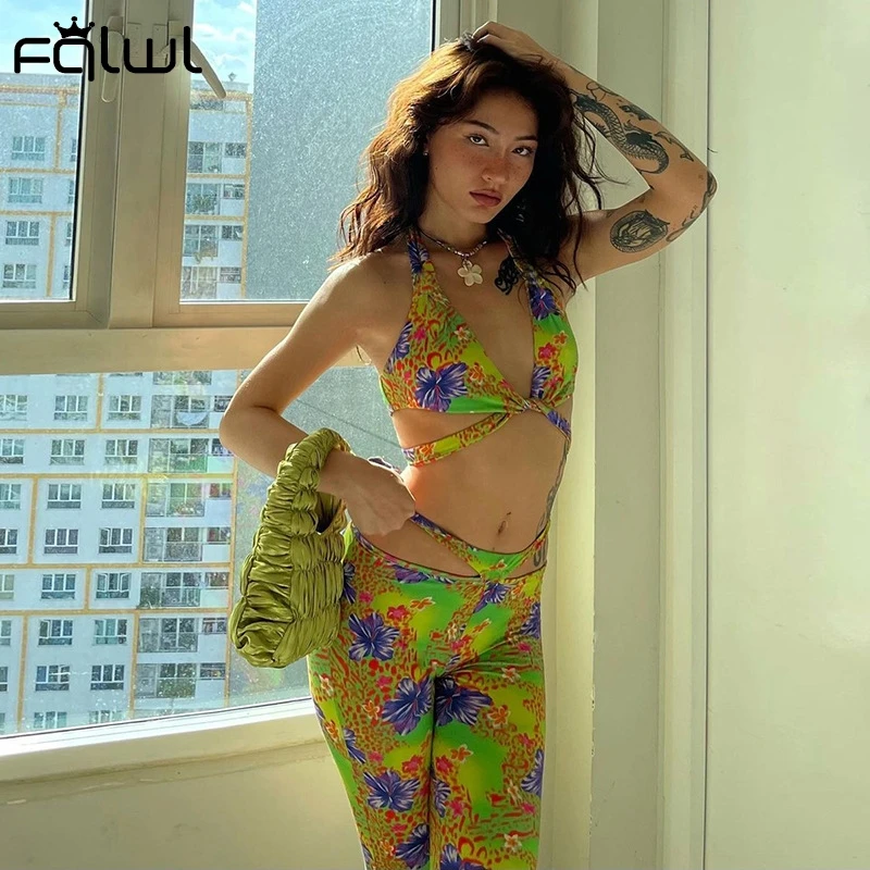 

FQLWL Sexy Backless Halter Top Long Pants Suits Matching Sets Summer Club Bodycon Bandage Green Print 2 Piece Sets Women Outfits
