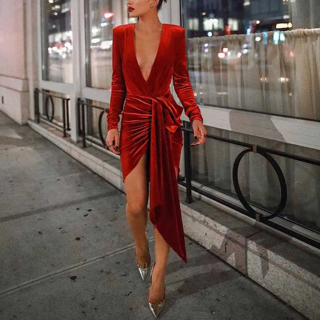 

Autumn Velvet Deep V Neck Sexy Dress Women Long Sleeve Bodycon Dress Elegant Mini Bandage Party Dress Winter Clothes