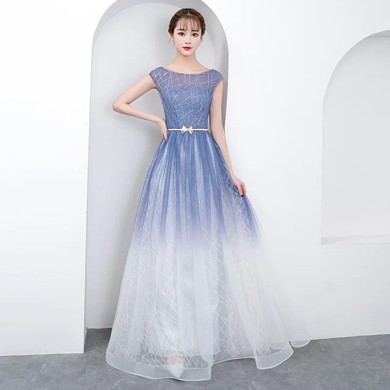 

Female Exquisite Embroidery Sweet Mesh Pleated Dresses Sequins Trim Formal Party Dress Elegant O-Neck Long Banquet Gown