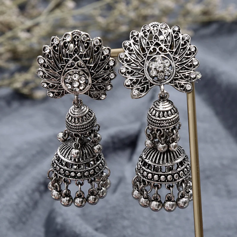 Модные серьги в индийском стиле для женщин окисленные Jhumka серебряный цвет