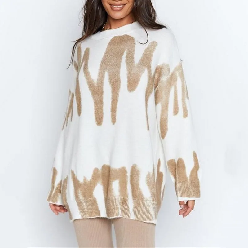 

Print Knitted Sweater Women Elegant Green Striped Oversized Pullovers Women Winter Loose Long Sweaters Streetwear Sueter Mujer