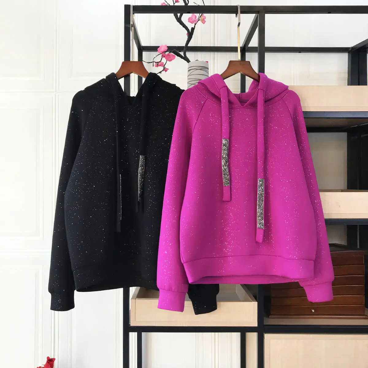 

Oversized Hoodie New Casual Solid Color Hooded Sweater 2020 Light Flash Luxury Top Fashion Autumn and Winter Hot Drilling Sequin