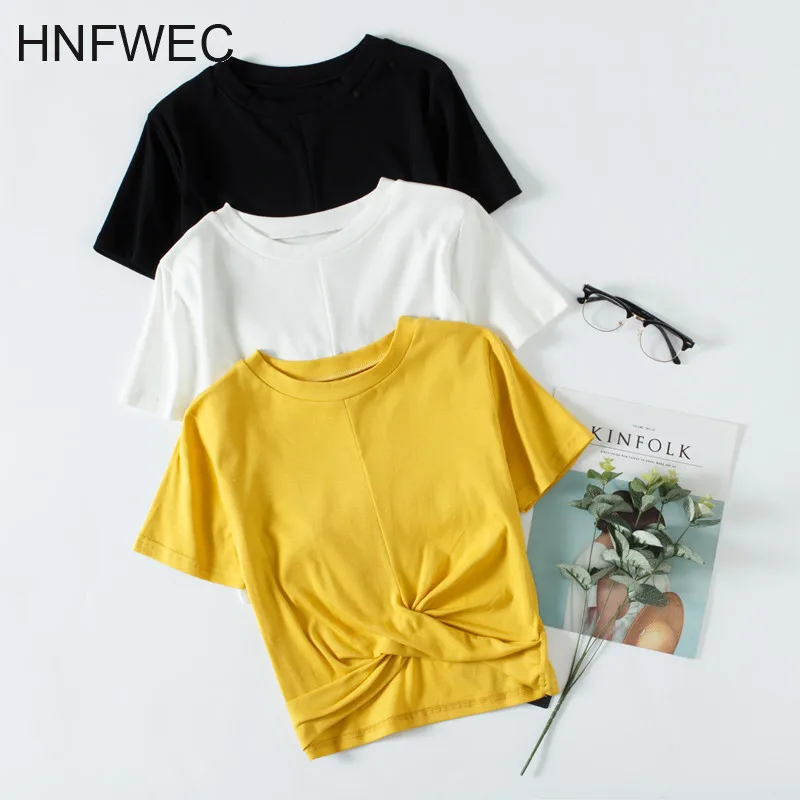 Новинка 2019 летняя Однотонная футболка из хлопка с круглым вырезом и эластичным