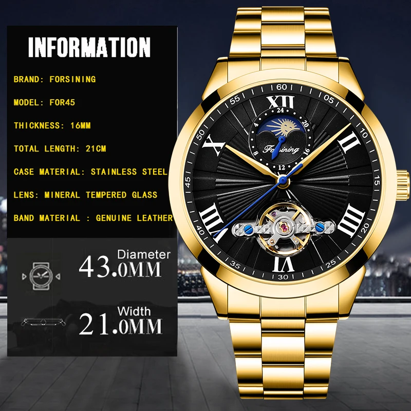 Royal Golden FORAINING Mens Automatic Wrist Watch Skeleton Stainless Steel Band Mechanical Moon Phase Waterproof ClockRelogio | Наручные
