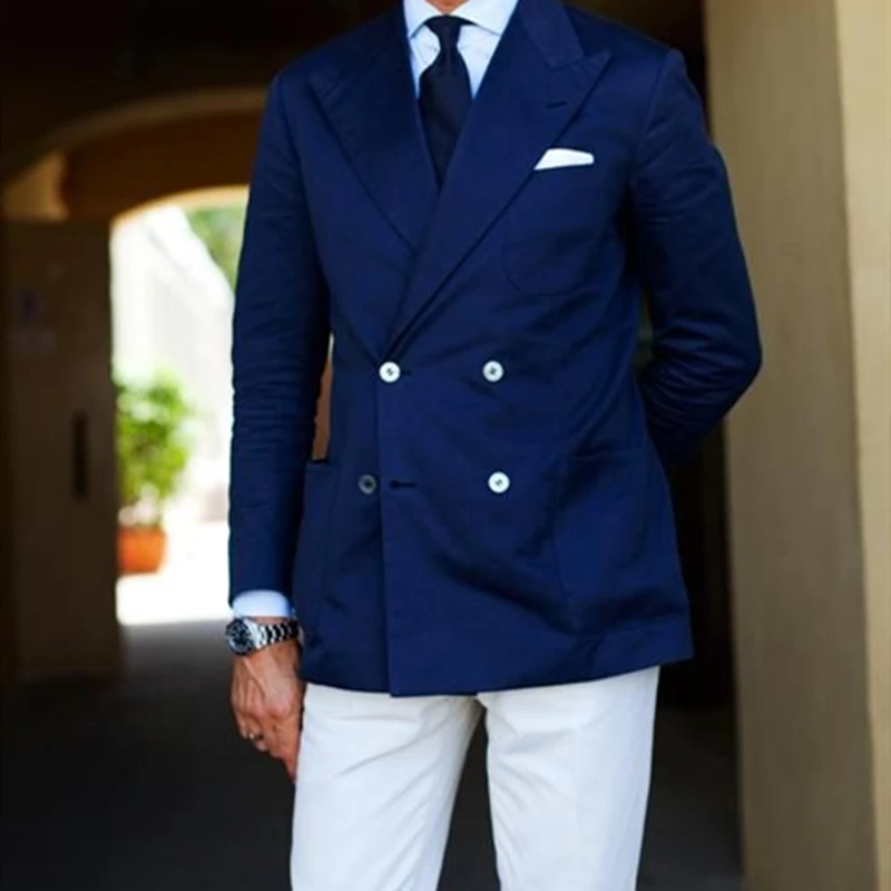 

Custom Made Fashion Elegant Style Double Breasted Blue Blazer With White Pant Slim Fit Groom Tuxedo For Wedding Party Clothing