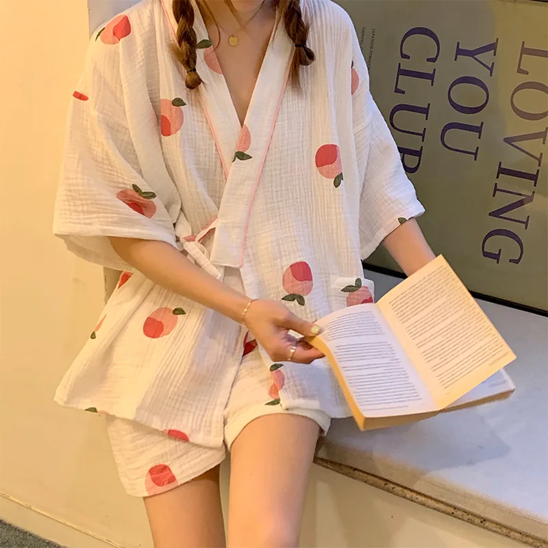 

Cartoon Peach Print Girls Fresh Style Short Sleeve+Shorts 2Pcs Kimono Style Household Pajamas Set Comfort Gauze Cotton Sleepwer