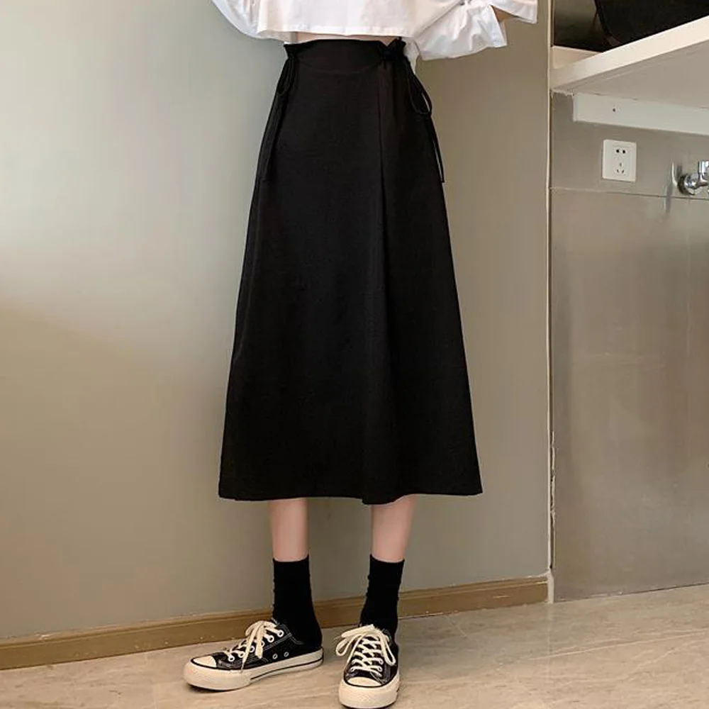 

Vintage Pleated Long Skirt Retro High Waist Lace-Up Skirts Female A-Line High Street Office Lady Women Skirts 2021 Spring Autumn