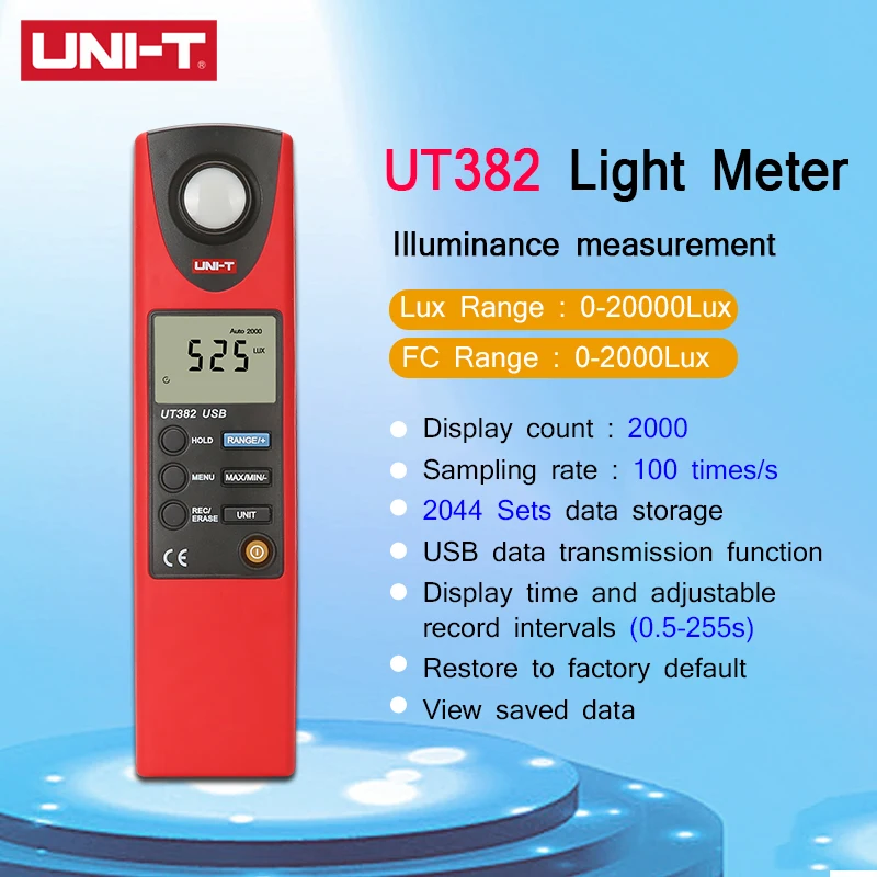 UNI-T UNIT UT381/UT382 Digital Light Meter Illuminometers Measurement Data Hold Auto Range LUX/FC Luminometer Photometer 100/s