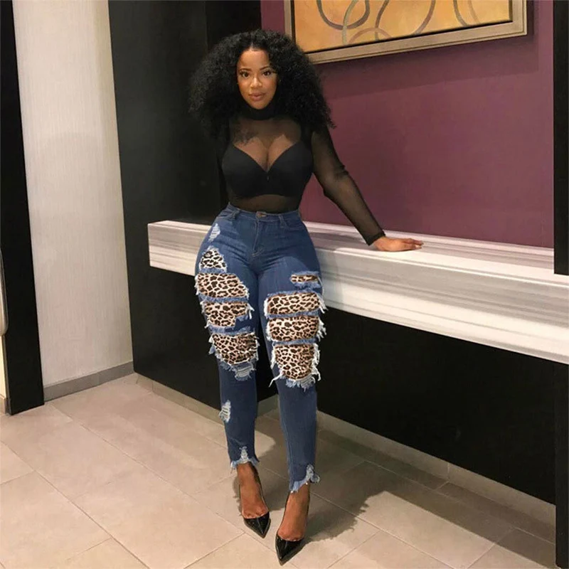 

Plus Size Sexy Leopard Patchwork Patch Slim Jeans Women 2021 Fashion Streetwear Vintage Stretchy Riped Pencil Jeans Pants S-3XL