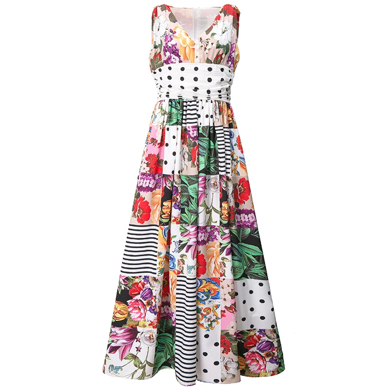 

2021 Spring Summer fahsion women Long Vacation Dress Women Elegant Sleeveless V-Neck Striped Dots Floral Print dress
