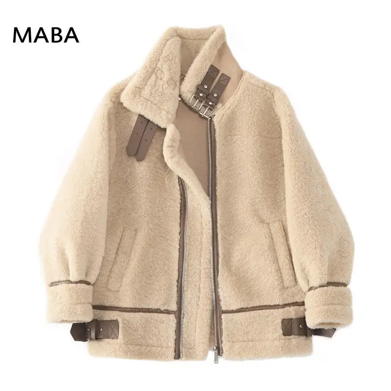 

Женская зимняя куртка из овечьей шерсти с отложным воротником и длинным рукавом, свободная Толстая теплая белая локомотивная двухстороння...