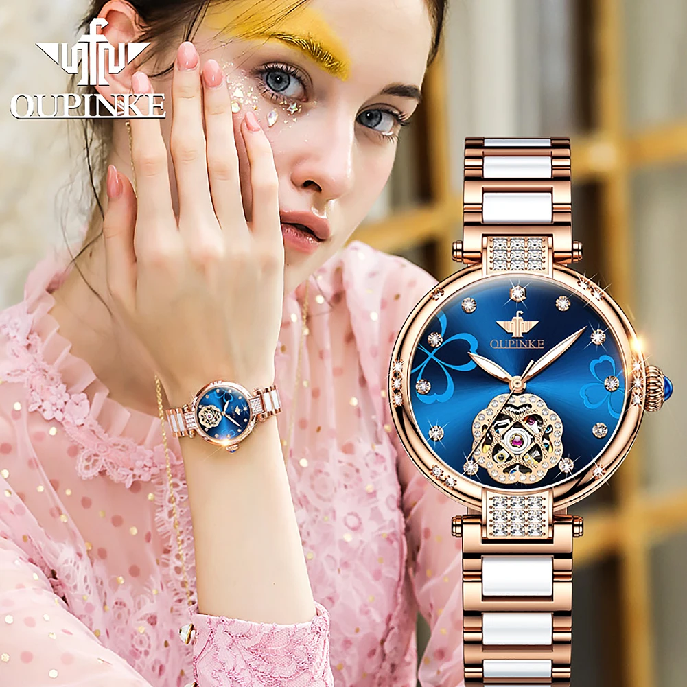 

OUPINKE Luxury Automatic watches for women Zircon Display Clam dial Sapphire Ceramicsmechanical lady watch gifts sets for women