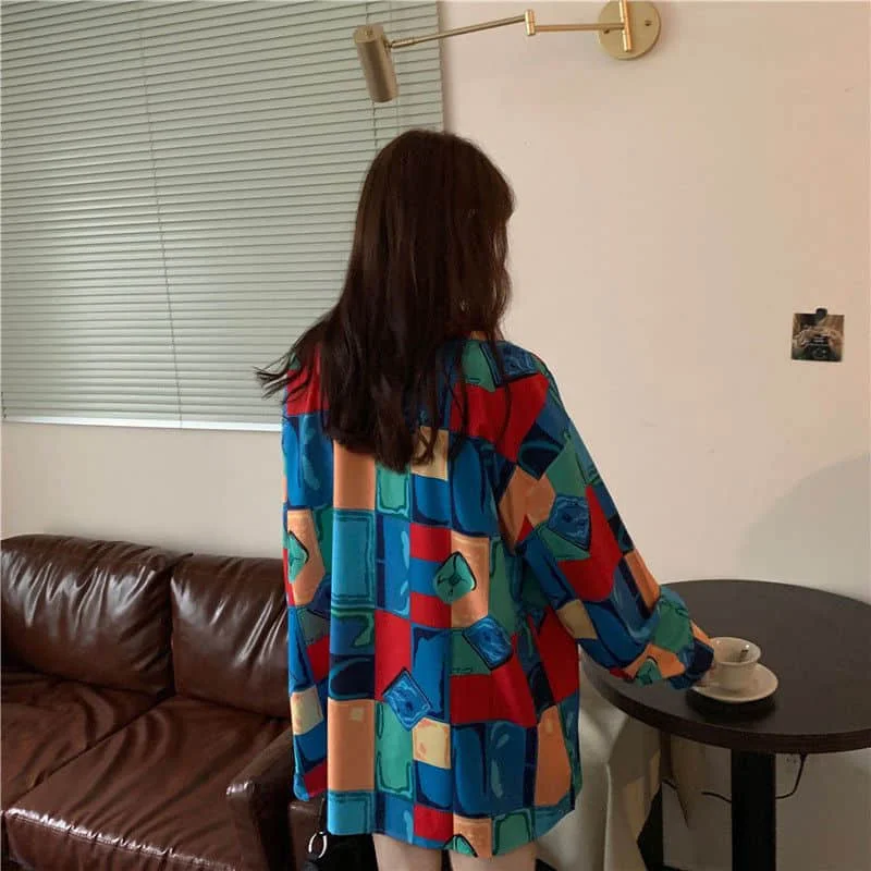 

Shirt Men And Women Retro Contrast Color Printing Plaid Autumn Design Sense Of Hong Kong Taste Is Thin And Long Sleeve Plus Size